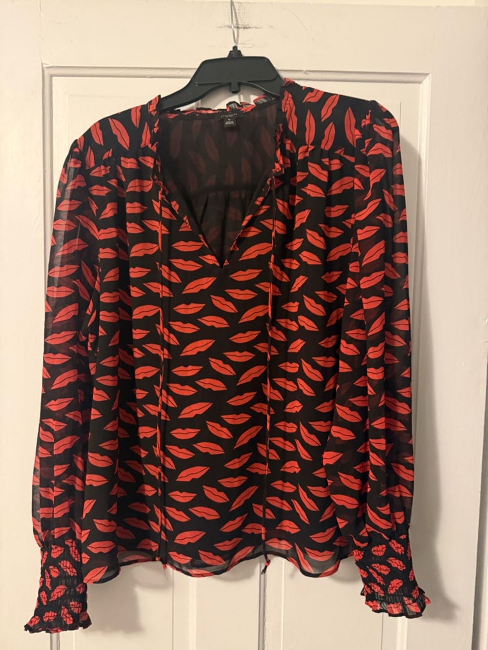 Ann Taylor Factory Black Blouse with Red Lip Print
